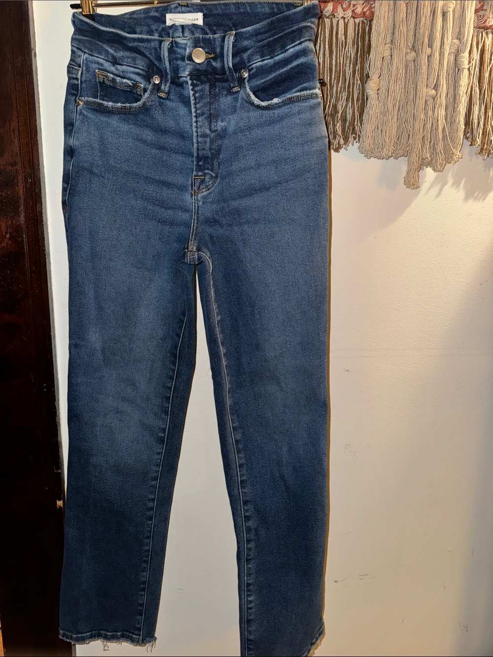 Good American High-Rise Straight Leg Jeans - Dark Blue Wash